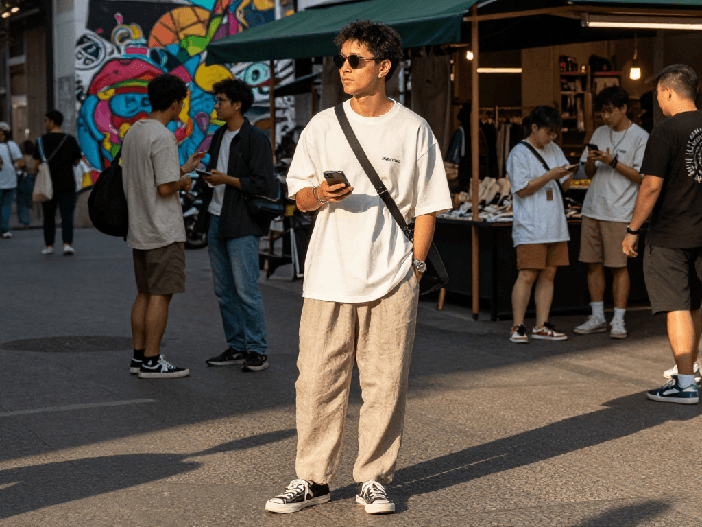 Stylish individual showcasing ROKOK88 fashion in urban setting with high-quality materials and trendy accessories