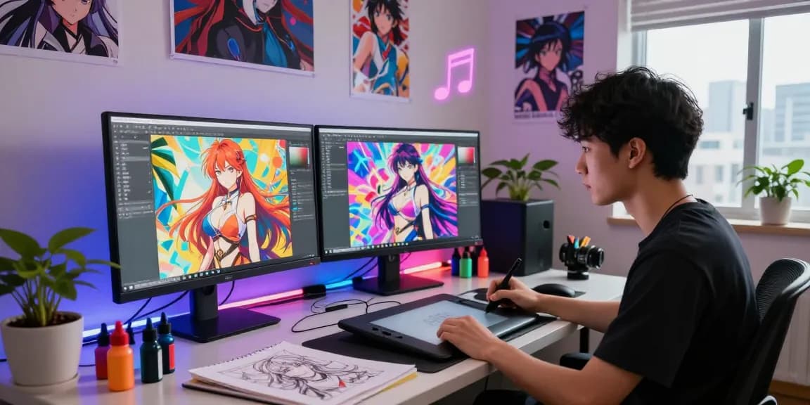 AI hentai design artist at workstation creating vibrant digital artwork in a modern studio.