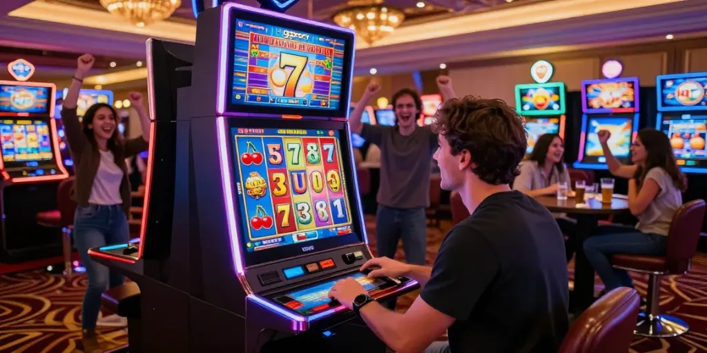 Engaged player at a ggsoft slot machine in a vibrant casino environment, surrounded by cheering friends.