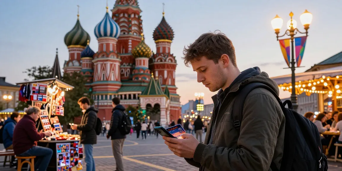 Pago fácil en Rusia con https://payinrussia.com/ mientras un turista explora la arquitectura local y disfruta de la comida al aire libre.