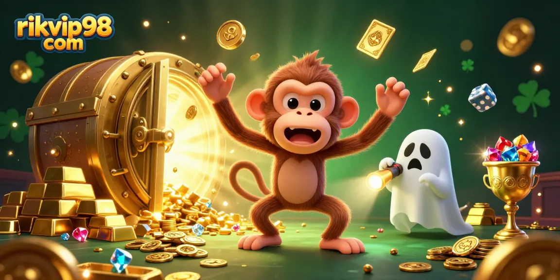 Experience the thrilling atmosphere at rikvip98 com as the magical poltergeist monkey juggles coins in a haunted casino.