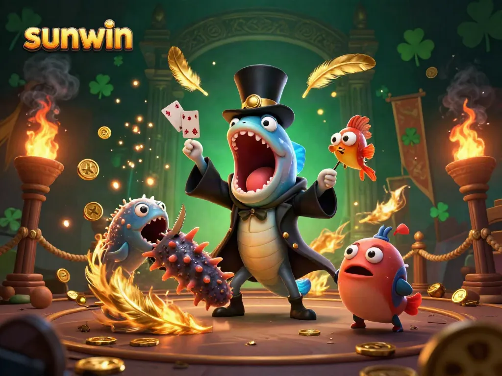 Experience the thrilling magic of sunwin as a deep-sea eel performs card tricks in an enchanting casino scene.