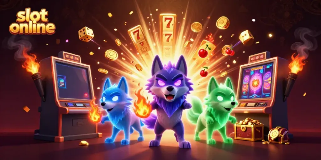Engage with the excitement of slot online gaming illustrated by a dynamic scene with wolf characters and rich casino elements.
