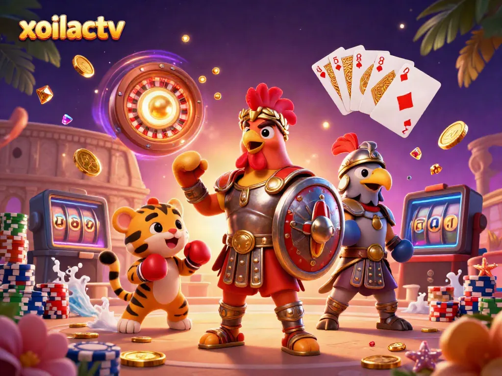 Watch thrilling live sports action on xoilactv featuring a 3D gladiator rooster and tiger cub.