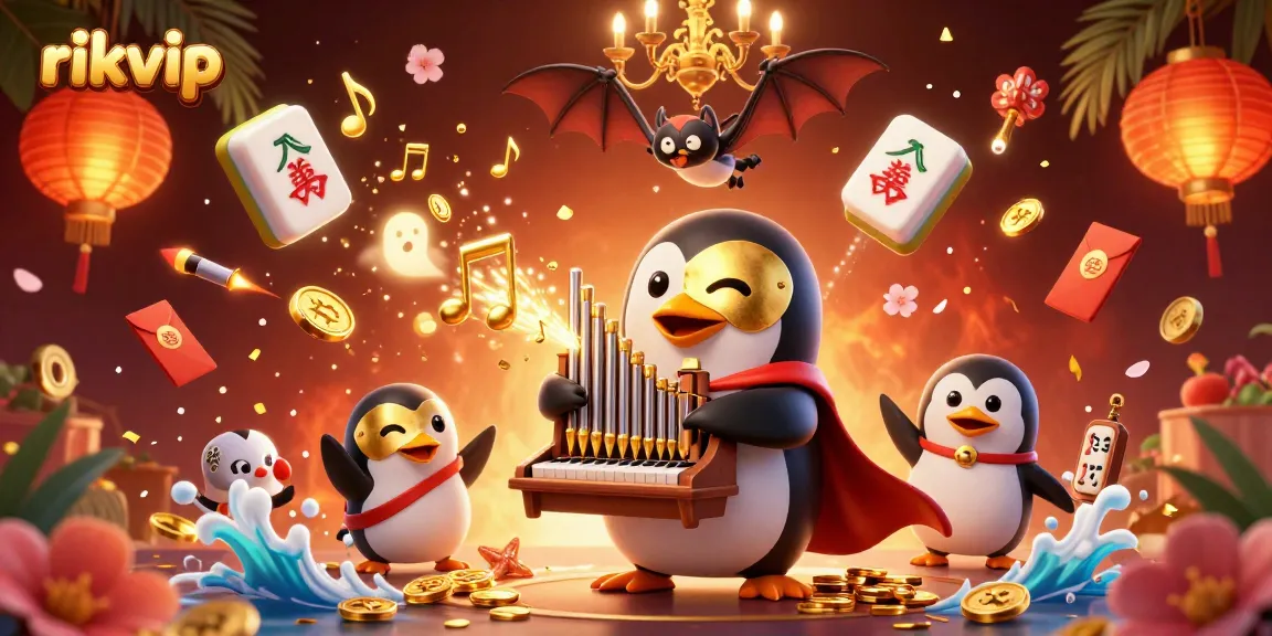 Play and win with Rikvip as the phantom penguin plays music amidst glowing casino elements.