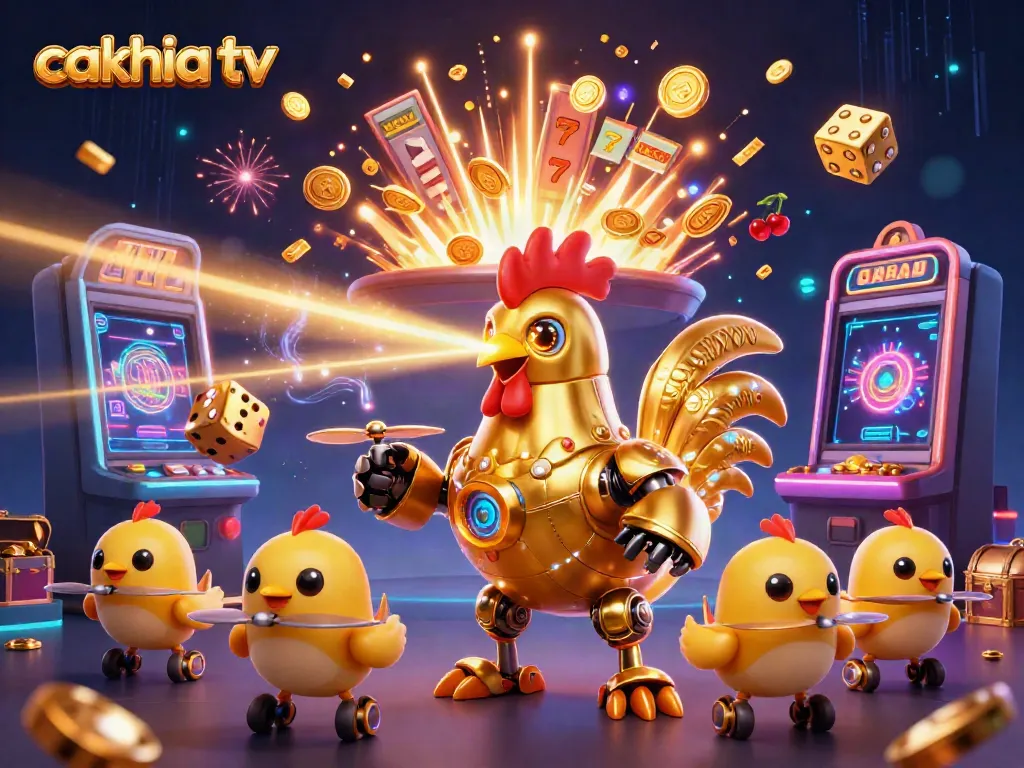 Experience the thrill of cakhia tv with a futuristic golden rooster robot and dynamic casino elements.