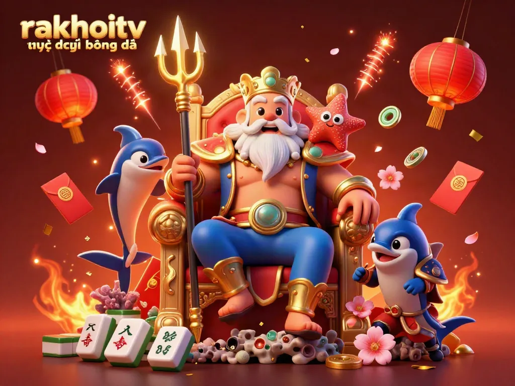 Experience rakhoitv trực tiếp bóng đá with dynamic visuals of a sea king and samurai amidst festive elements.
