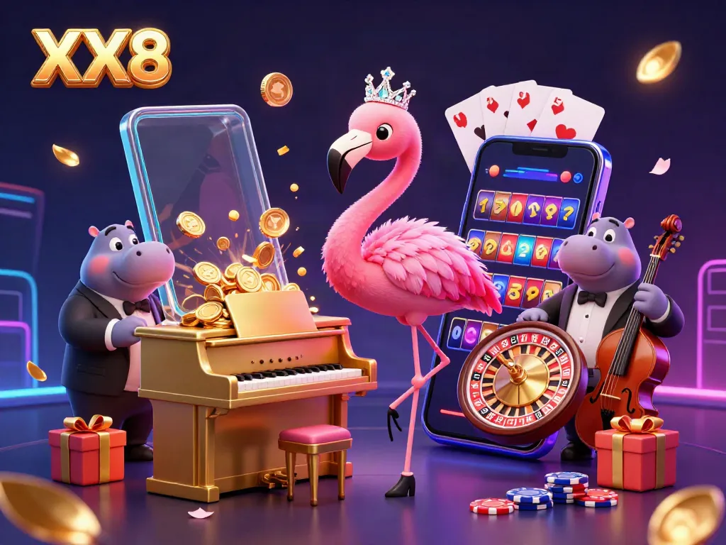 Experience the vibrant energy of XX8 with a flamingo lounge singer and hippo bassist amidst casino game elements.