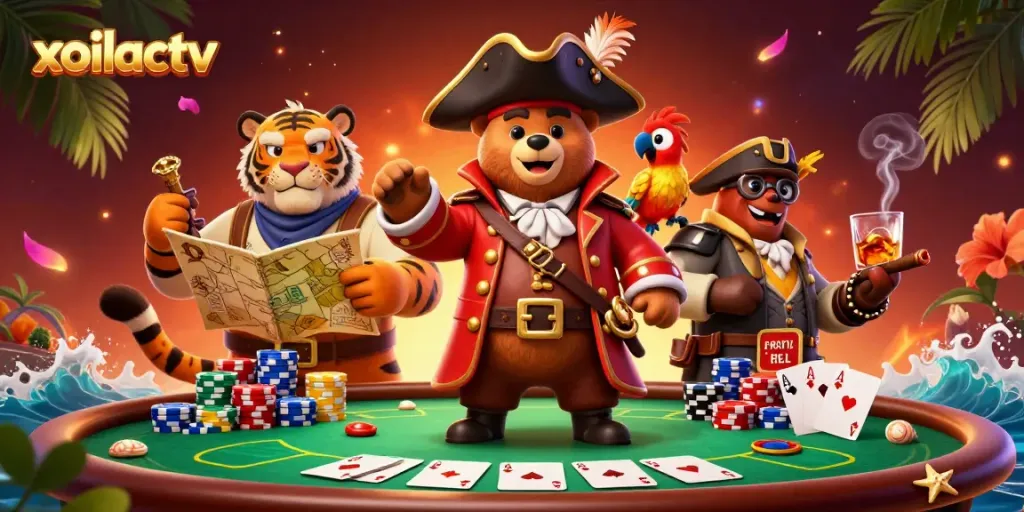 Experience the excitement of gaming with xoilactv's vibrant animated scene featuring poker and adventure.