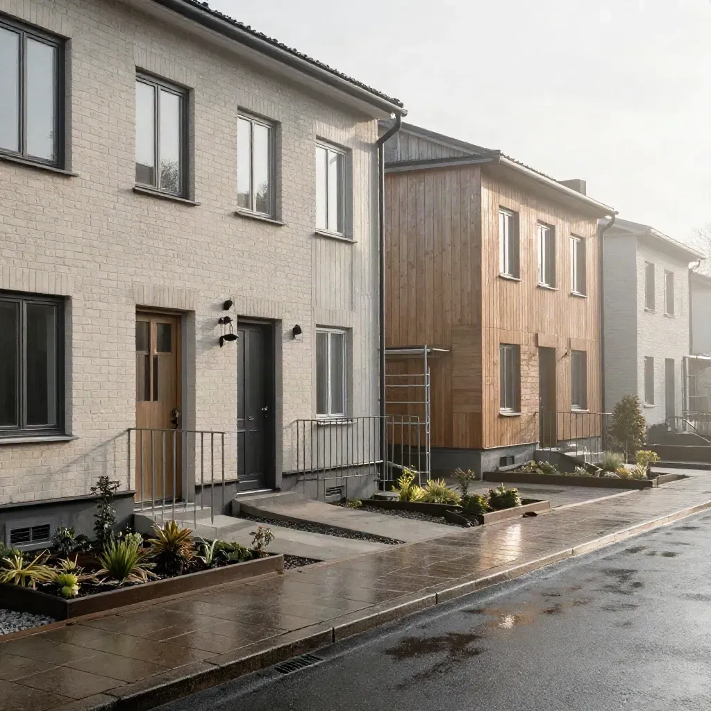 Färdigt radhusområde i morgonljus med våta gångar och mjuka dimslöjor.