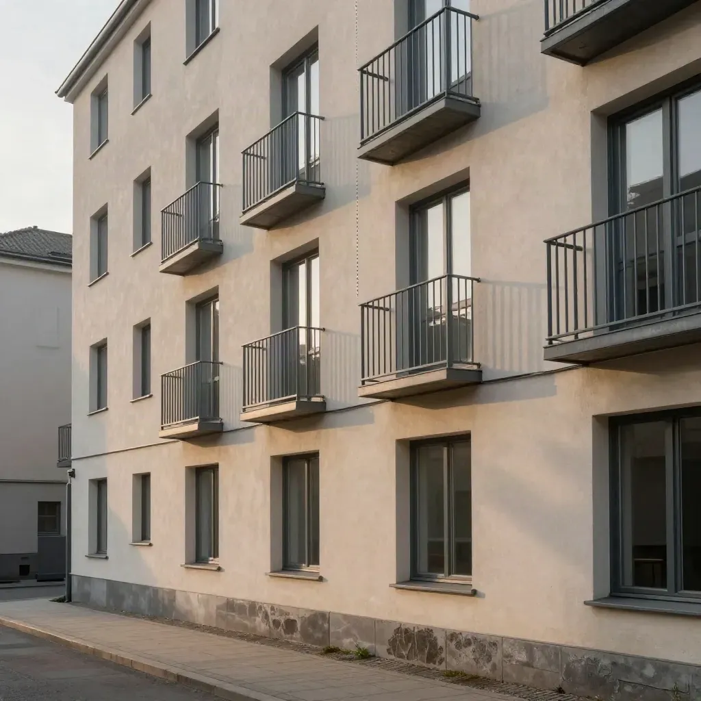 Färdig BRF-fasad i Göteborg med nya balkongräcken och ren puts i havsdimma.