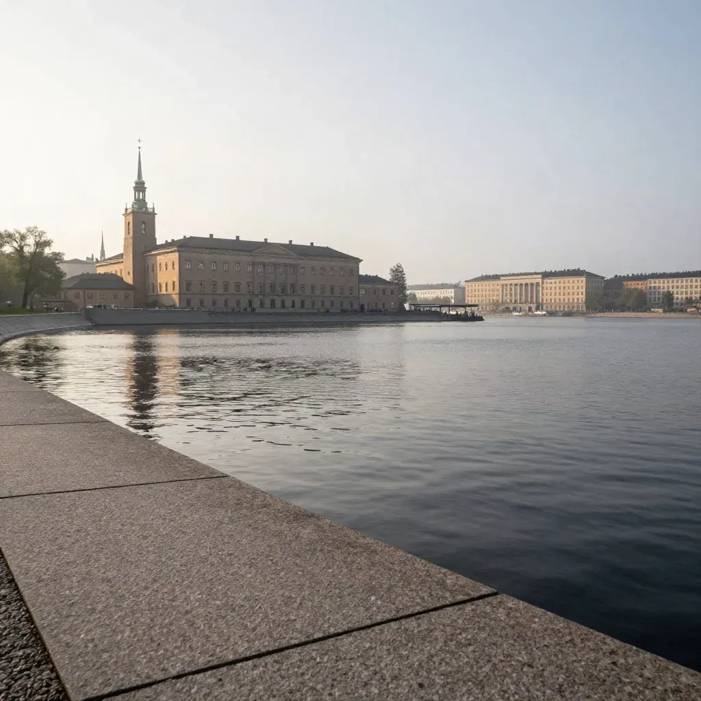 Stockholms stadshus över Riddarfjärden i dimmig morgon med lugnt vatten.