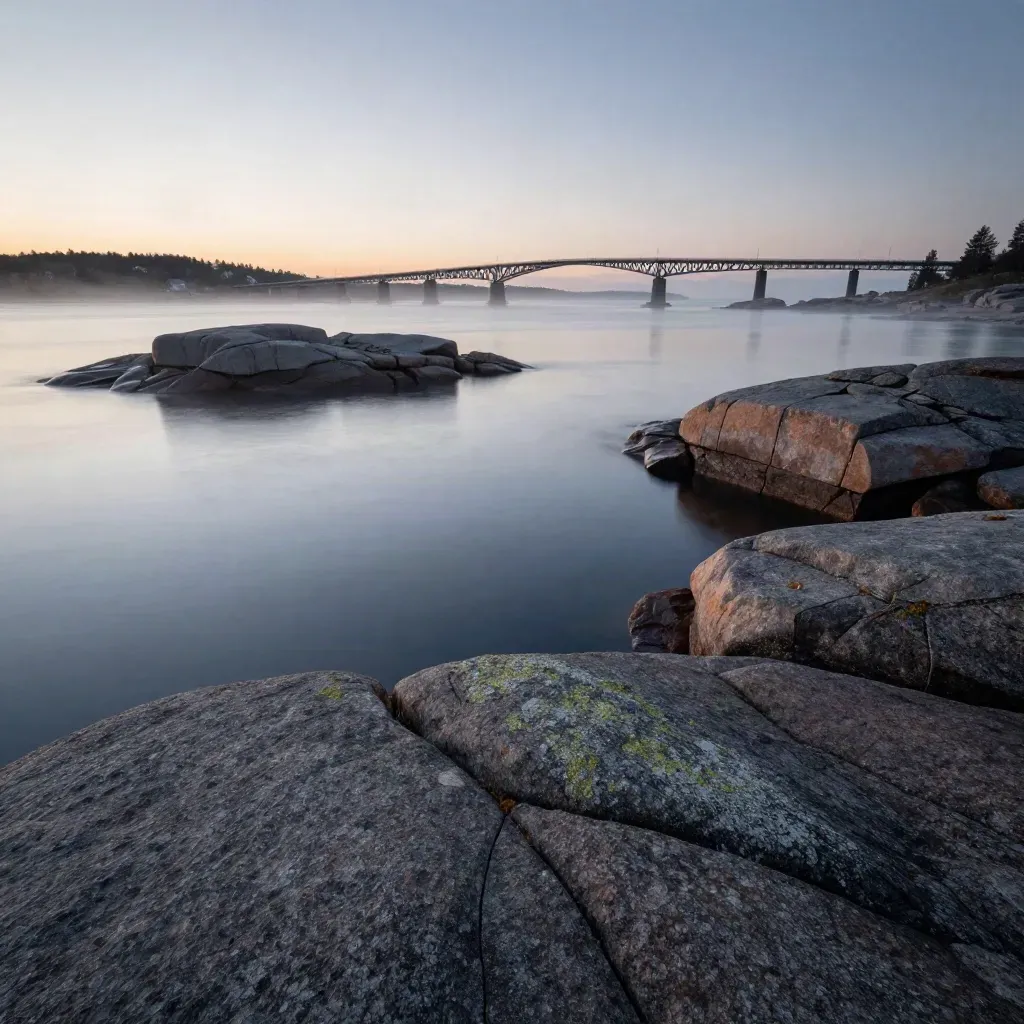 Skärgård med granitklippor, smalt sund och låg bro i kvällsdimma