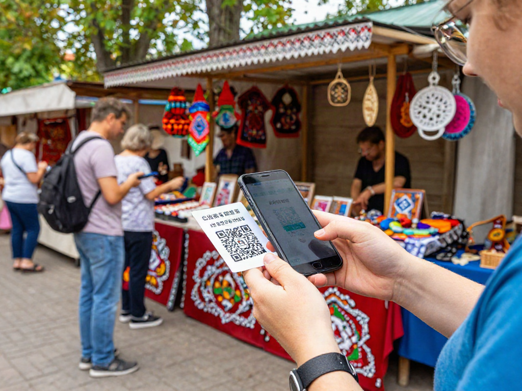 Pago digital en Rusia con https://payinrussia.com/ en el mercado, turista usando un código QR.
