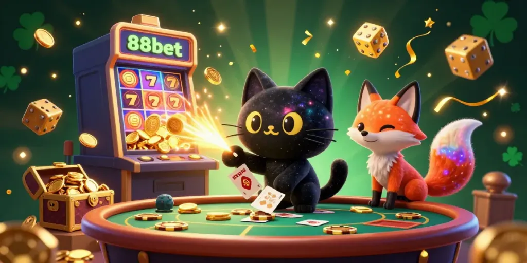Win big at 88kbet with an illustration of a cosmic casino scene featuring vibrant characters and slot machines.