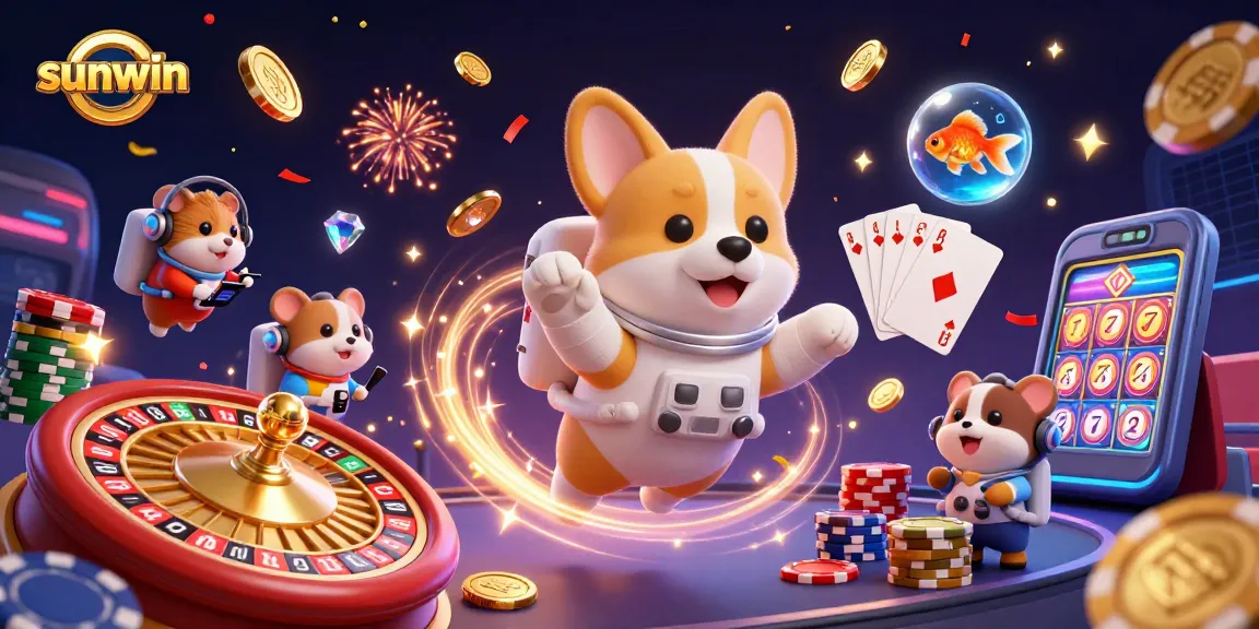 Experience sunwin excitement with a vibrant 3D cosmic casino scene featuring floating characters and dynamic game elements.